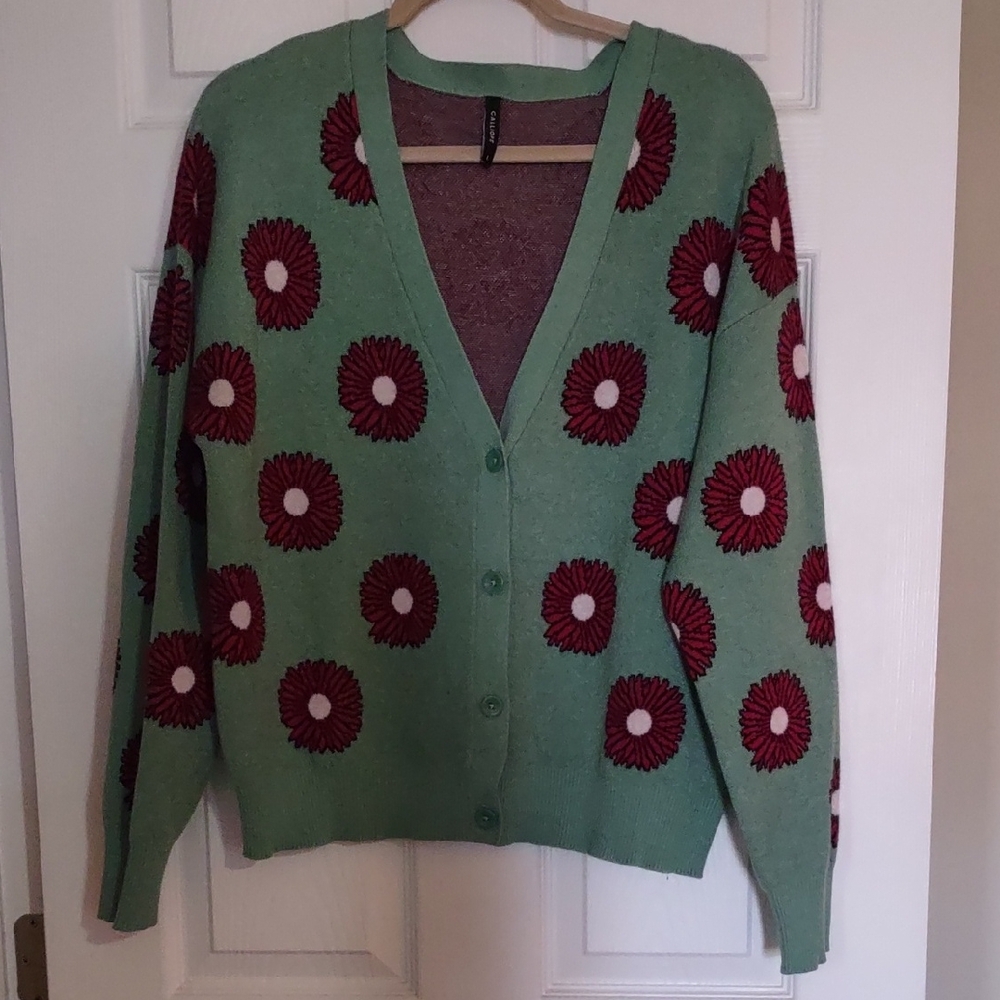 Green Floral Button-Up Cardigan Sweater